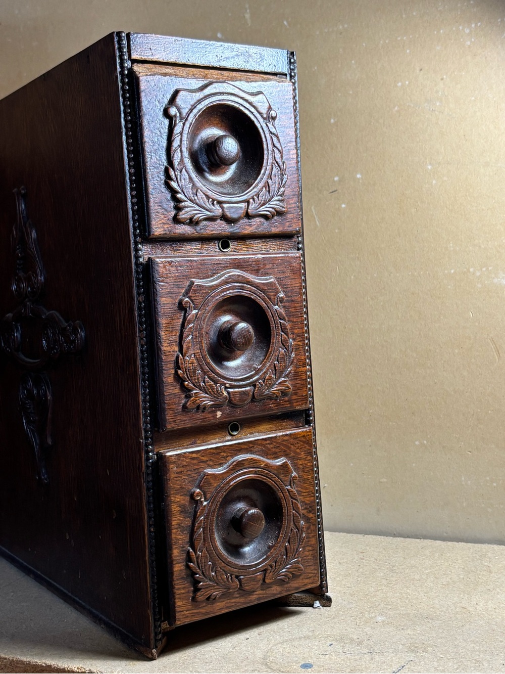 Set of 3 vintage wooden sewing machine drawers with frame they were built for